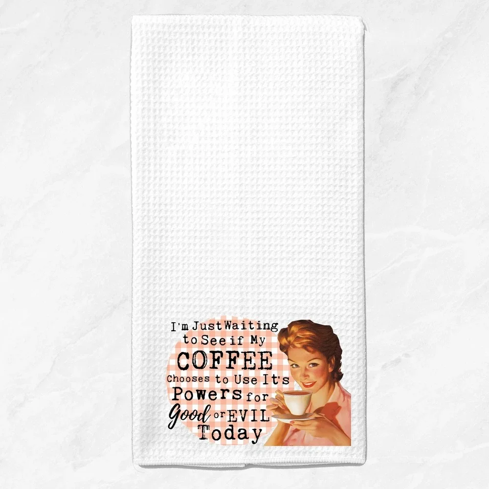 Funny Retro Coffee Powers Good or Evil Waffle Weave Kitchen Towel White